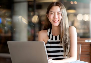 attrative asian female woman smile with confident work at cafe freelance career business owner ideas concept